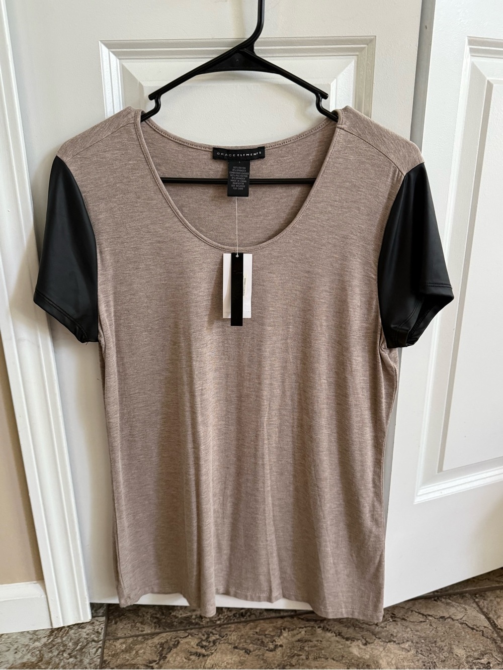 Grace Elements Taupe Scoop Neck Top with Black Faux-Leather Sleeves